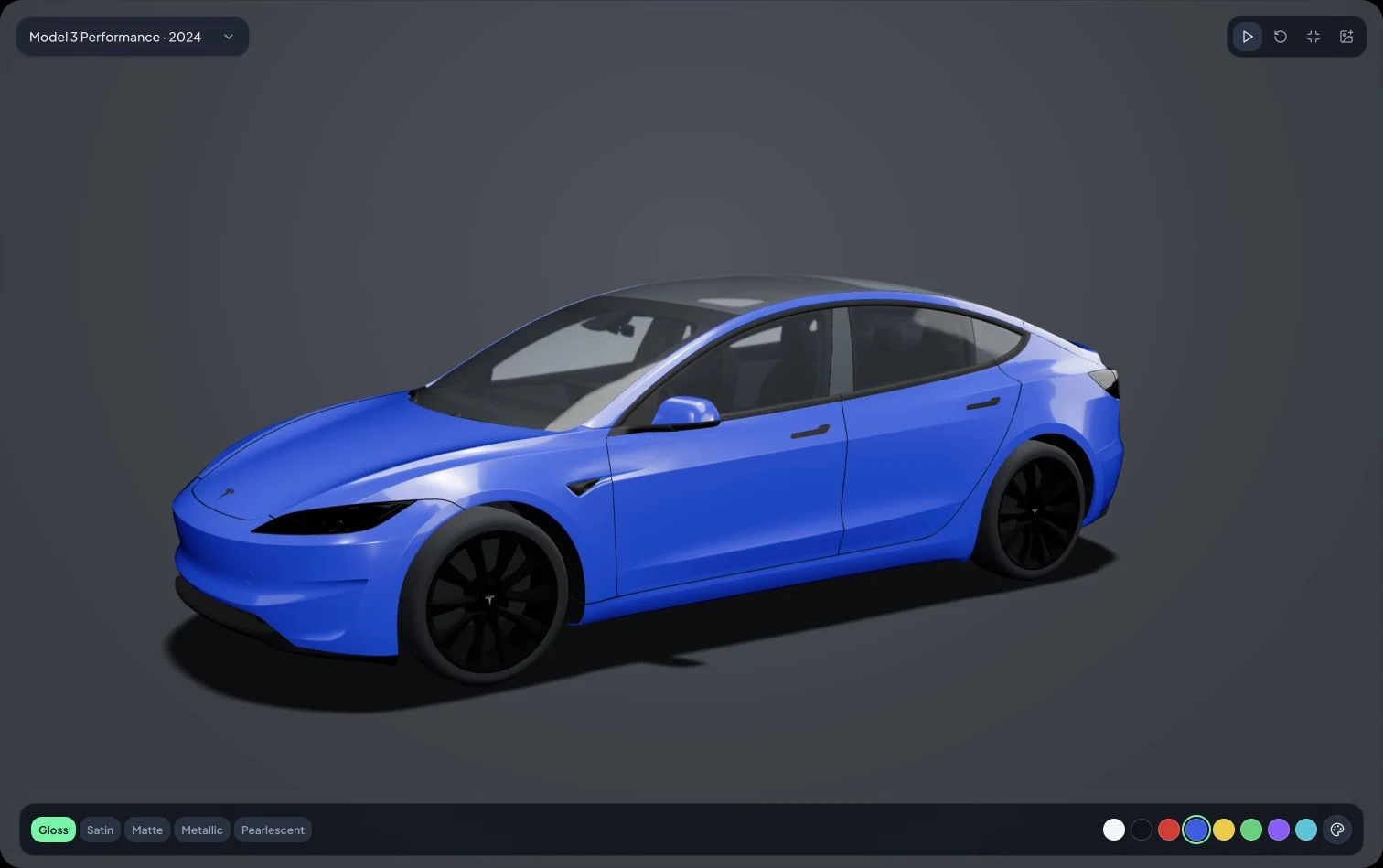 Blue Model 3 Performance in the 3D viewer, with vehicle, finish, and color controls