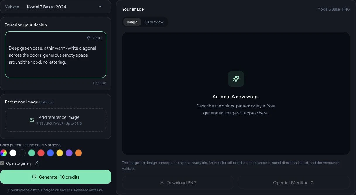 AI wrap generator with a Model 3 selected, a design prompt, an optional reference image, and generation controls