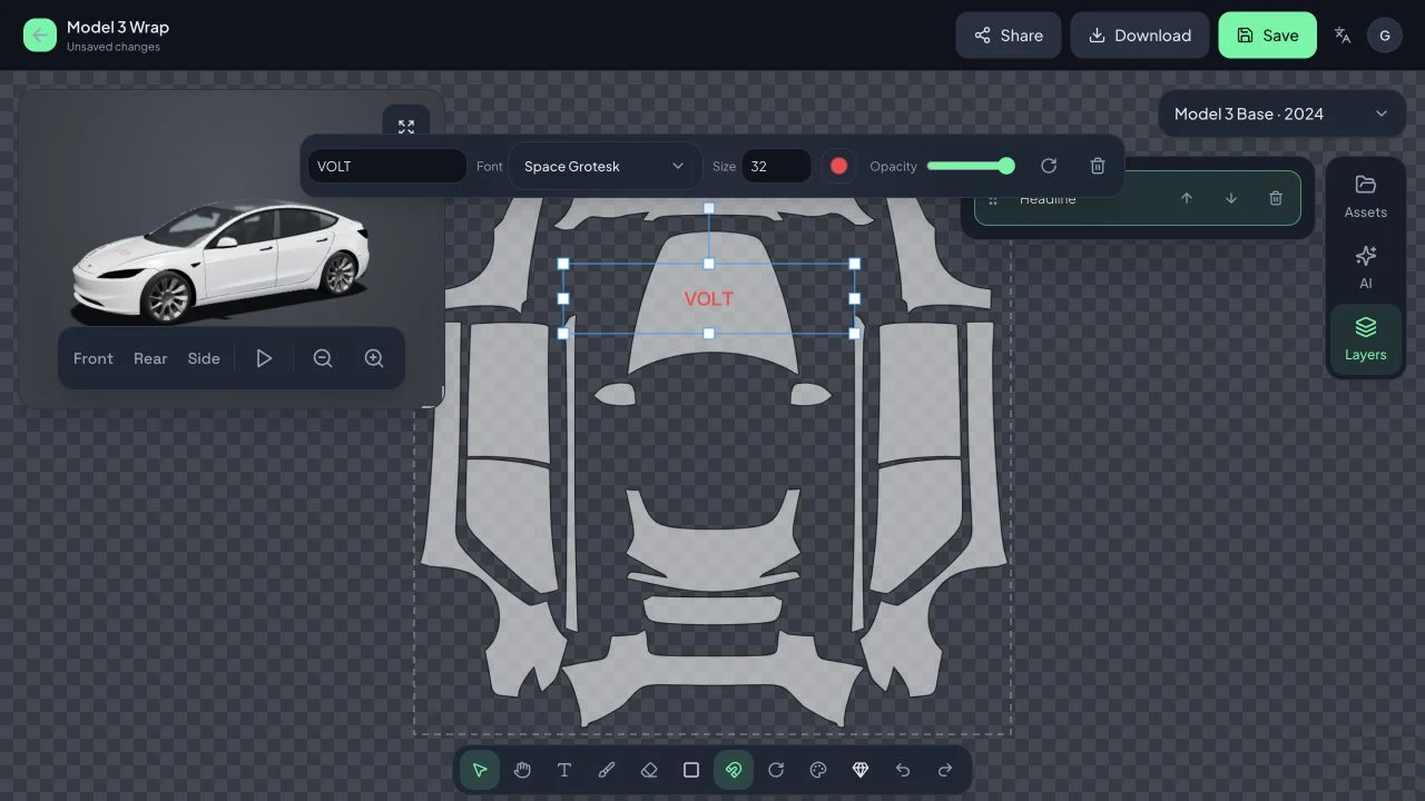 Wrap editor showing the vehicle template, a selected text layer, editing tools, and a 3D preview